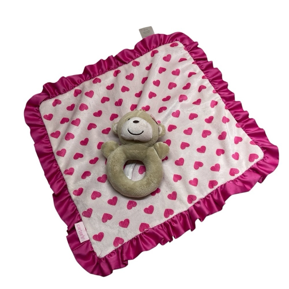 Carter’s Baby Monkey Plush Rattle White Pink Heart Satin Lovey Security Blanket